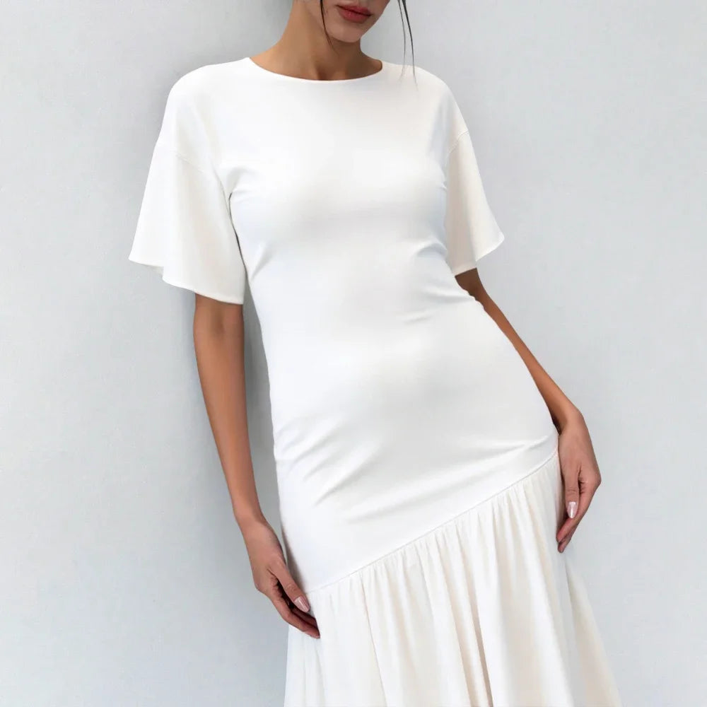 2025 Women's Evening Dress 👗 Must-Have White Maxi Gown 🌟 Short Sleeve Round Neck Lettuce Trim Elegant Party Dress ✨