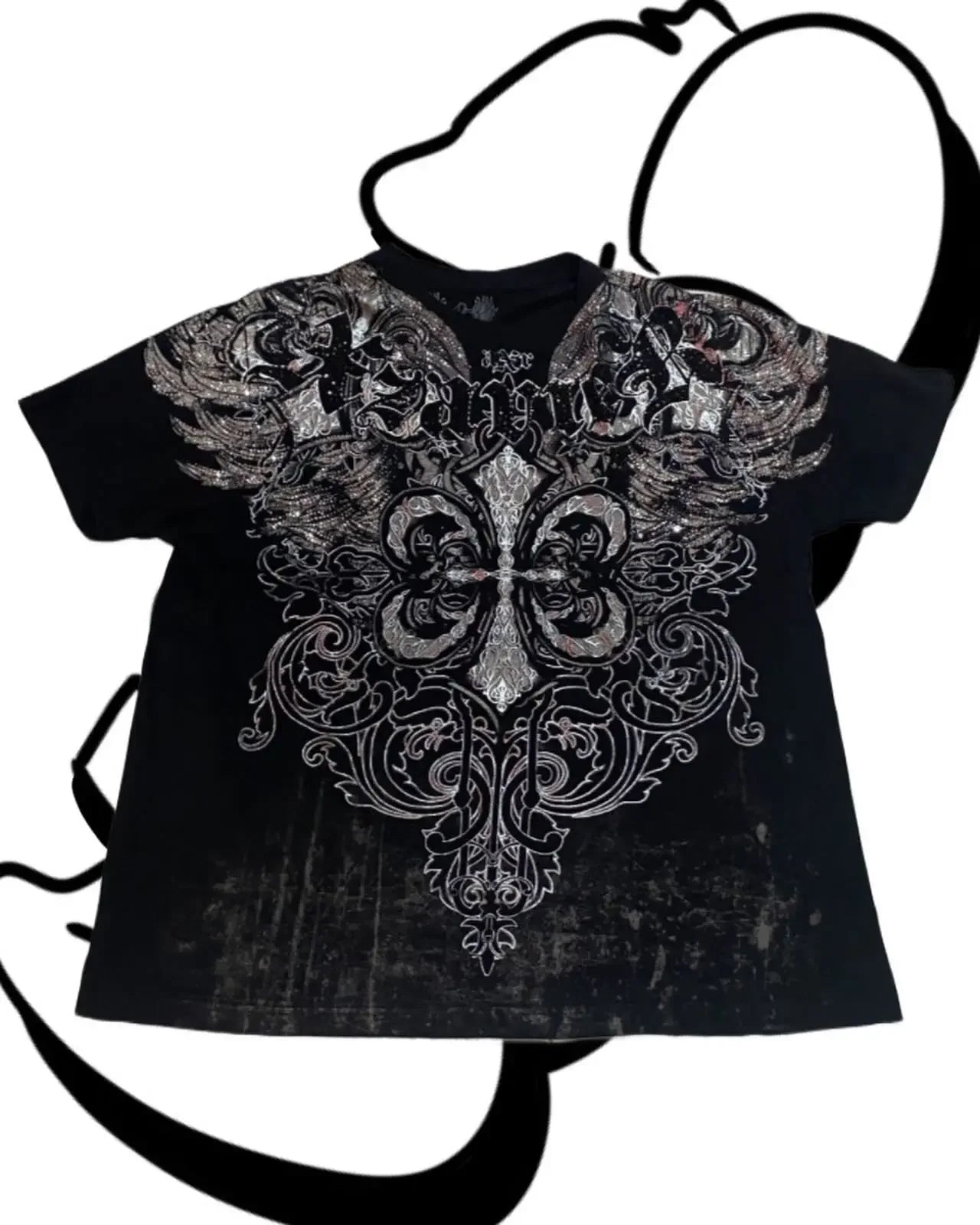 Vintage Avirex Black Short Sleeve T-Shirt | Rhinestone Double-Sided Print Retro Streetwear Top
