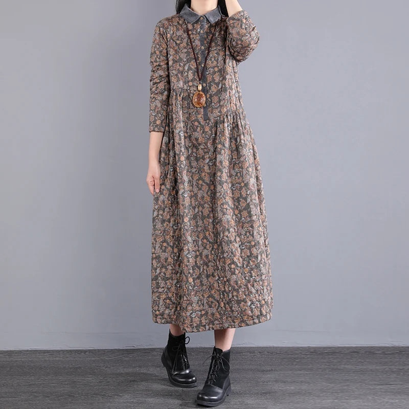 Thickened Floral Print Retro Women’s Dress – Cotton-Lined Warm A-Line Skirt with Long Sleeves & Collar | Winter Casual Dress