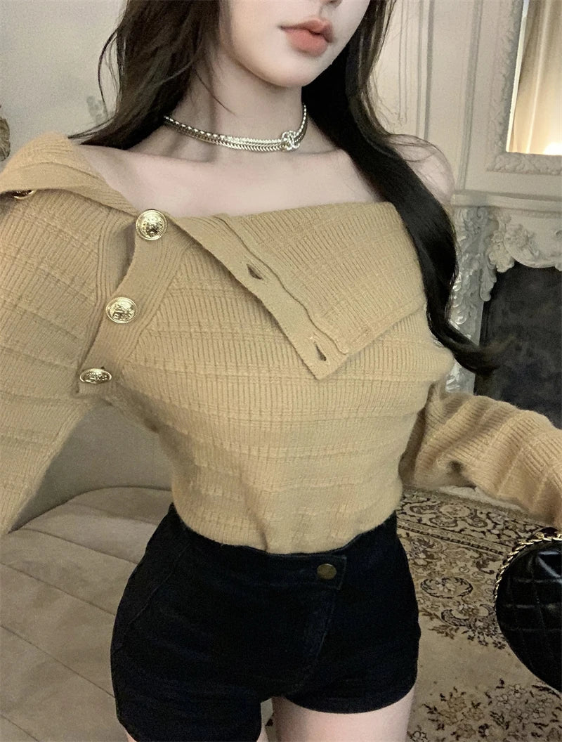 Ele Gold Button Knitted Shoulder-Bared Sweater – Slim Fit Crew Neck Long Sleeve Women Top | Spring Autumn