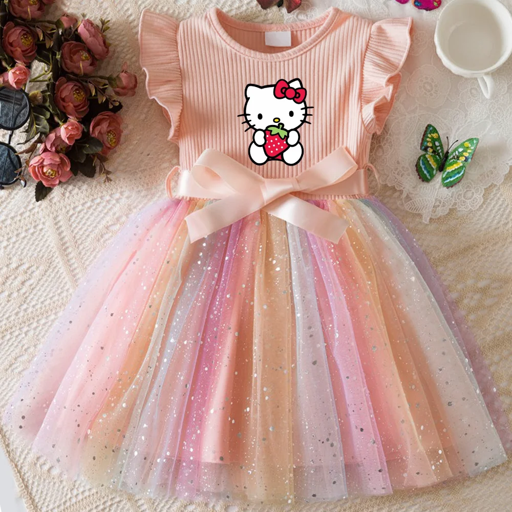 ✨ Hello Kitty Girls Sequins Dress 🎀 Rainbow Tulle Princess Dress 🌈 Toddler Birthday Party Outfit 👧 Ages 1–5 Years