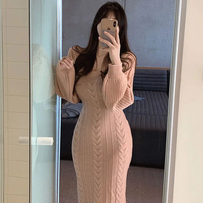 Women's V-Neck Knitted Sweater Bodycon Dress – Autumn Winter Long Lantern Sleeve Slim Fit Fashion Dress