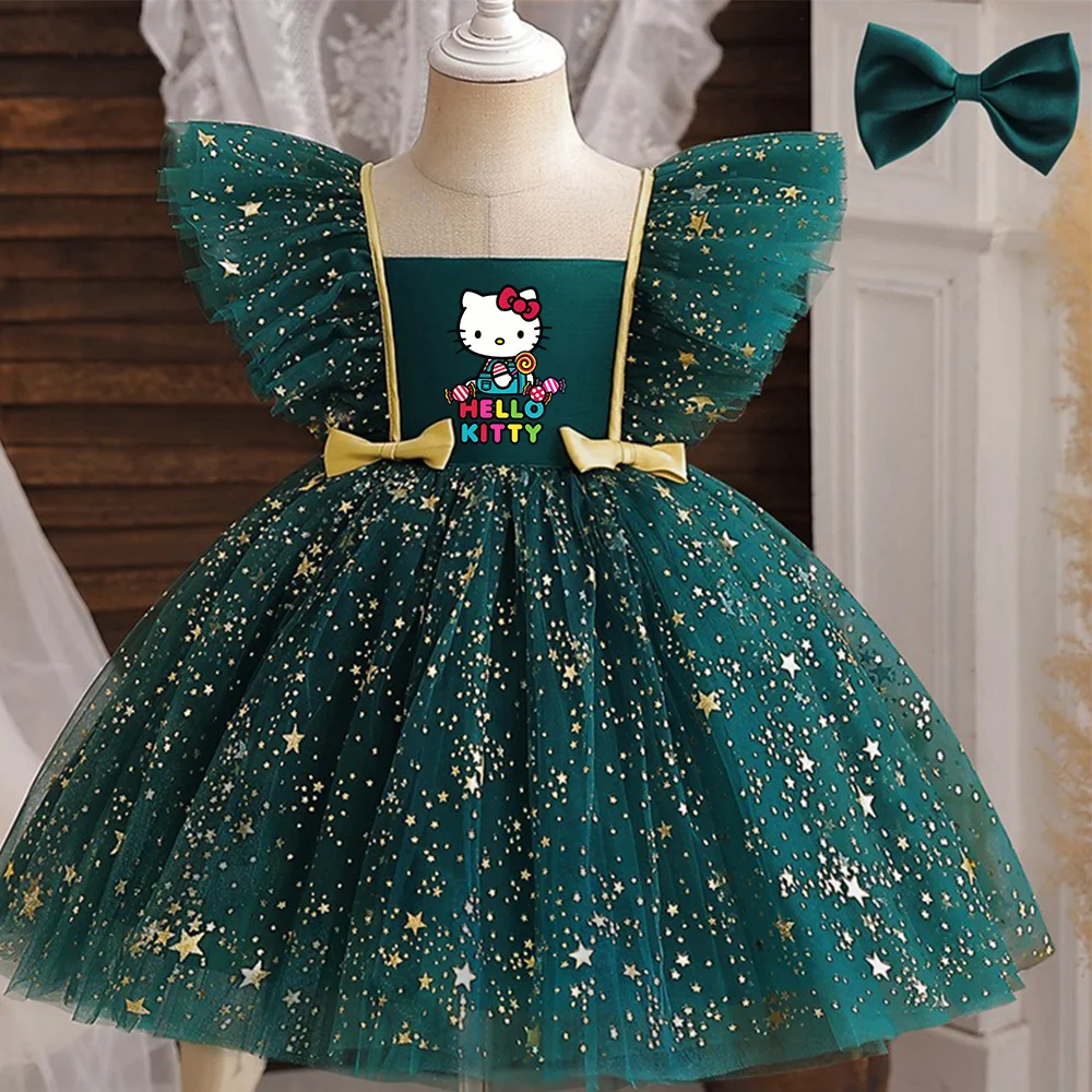 ✨ Hello Kitty Princess Dress for Girls 👑 Sequined Star Tutu Gown 🎀 Ruffle Bow Kids Party & Prom Dress