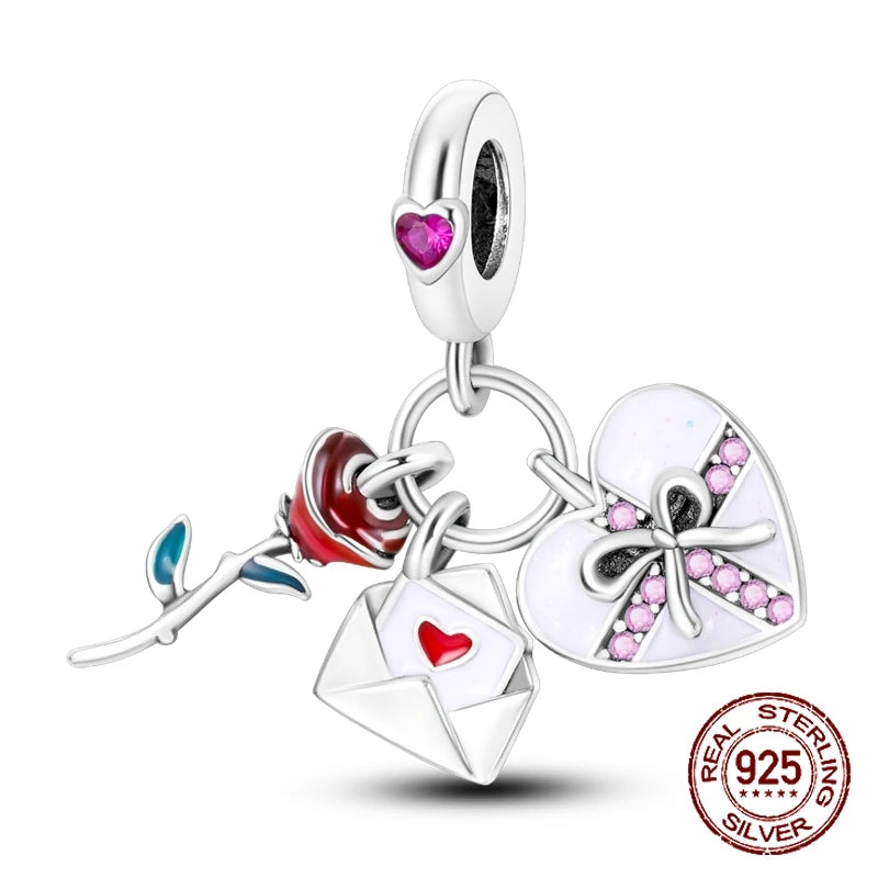 925 Sterling Silver Purple Flower & Butterfly Dangle Charm | Bead for 4MM Bracelet or Necklace DIY Jewelry Gift