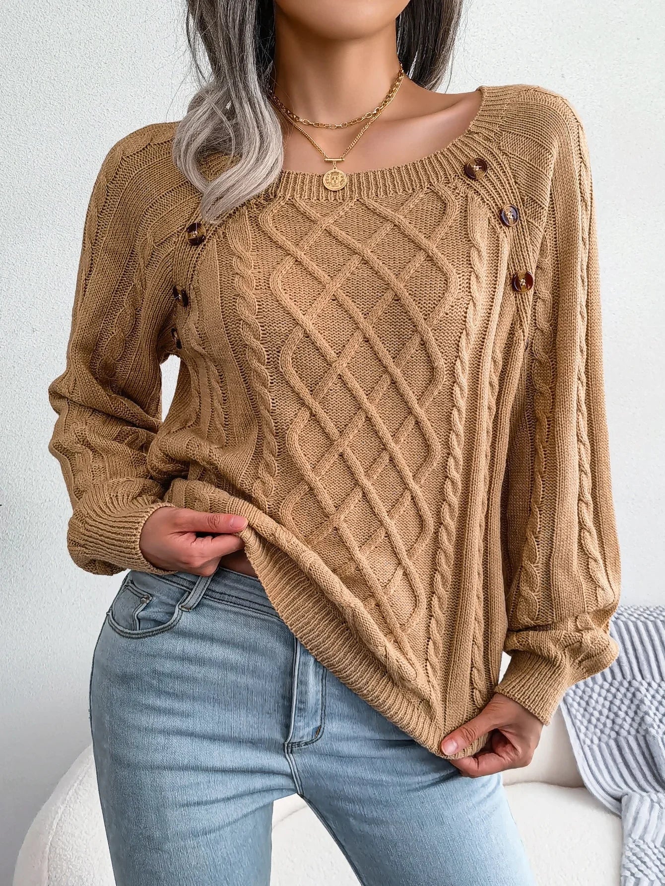 Women’s Casual Square Collar Knitted Pullover Sweater – Long Sleeve Autumn Winter 2025 Top