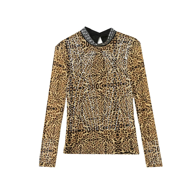 2025 European Station Women’s Long Sleeve Tee – Stand Collar Slim Mesh Top with Hot Diamond ✨👚