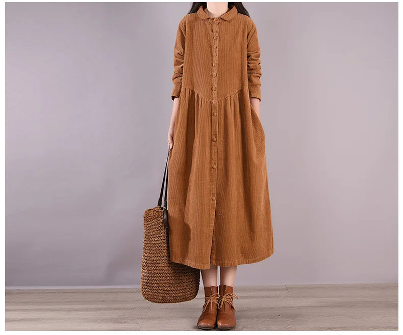 Retro Japanese Style Long Sleeve Corduroy Dress – Thick Fleece-Lined A-Line Winter Dress for Women | Solid Color