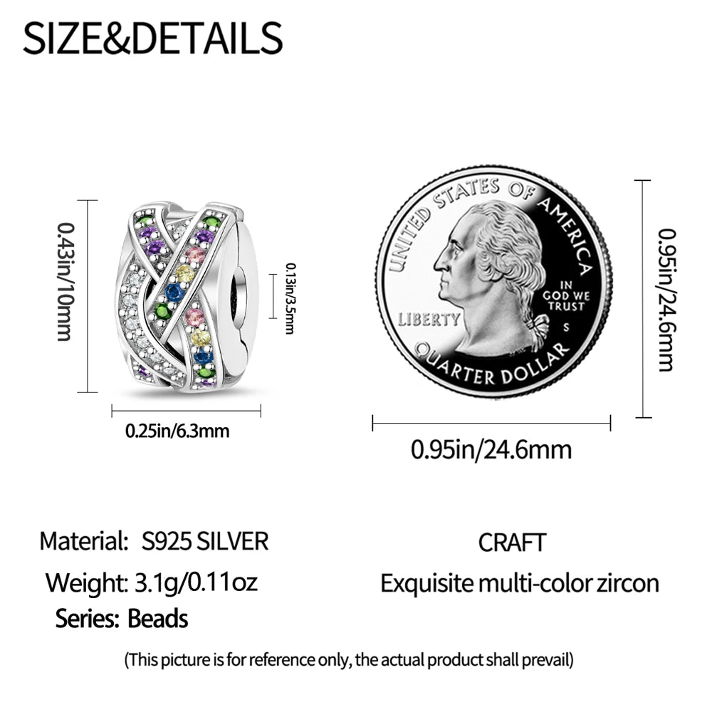 925 Sterling Silver Pave Clip Charms with Safety Chain | Colored Beads Stopper Clasp Fit Original Pandora Bracelet Jewelry