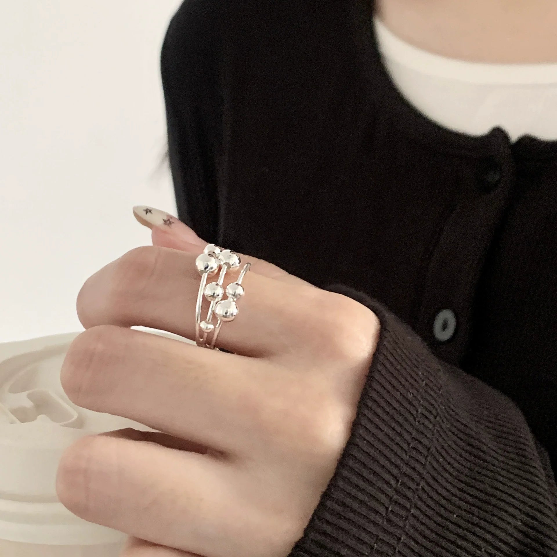 VENTFILLE 925 Sterling Silver Bead Ring – Three Layer Ball Design Cute Women’s Jewelry Gift