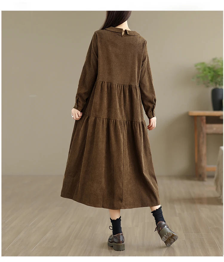 Corduroy Long Sleeve Doll Collar Dress 👗 Autumn Winter Loose A-Line Casual Midi Dress 🍂 Simple Chic Commute Dress
