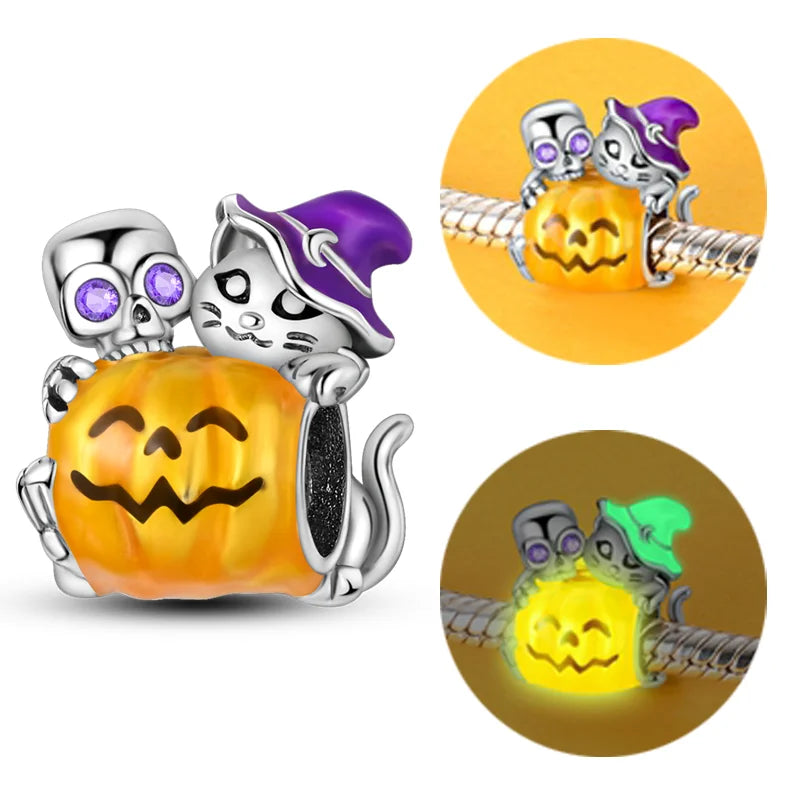 Halloween 925 Sterling Silver Charms | Pumpkin Skeleton Witch Bat Beads for Bracelet DIY Jewelry