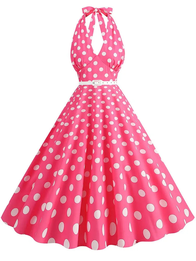 Women’s Vintage Halter Party Dress – Summer Polka Dot Midi Cocktail Prom Elegant Dress