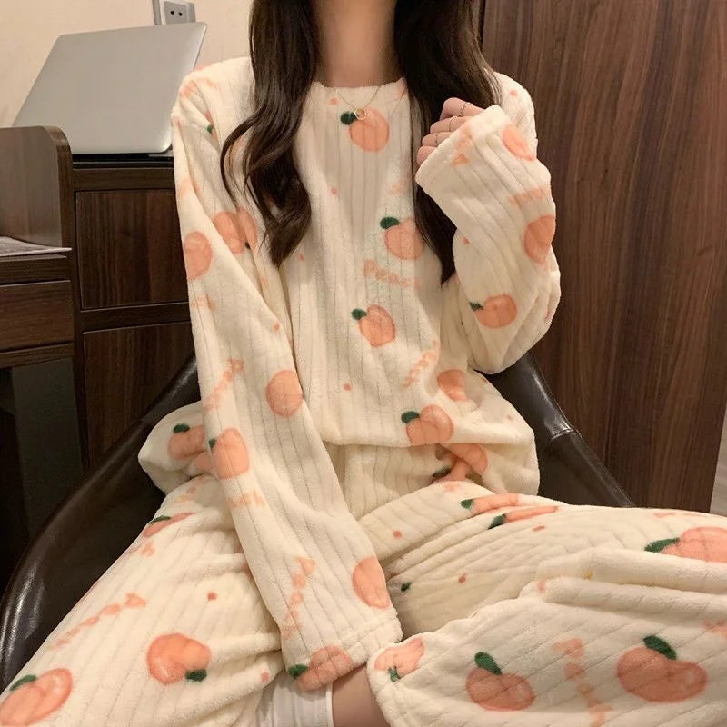 Adorable Sweet Coral Fleece Thiened Autumn Winter Loungewear Set – Women’s Casual Home Clothes | Long Pants Comfortable Leisurewear
