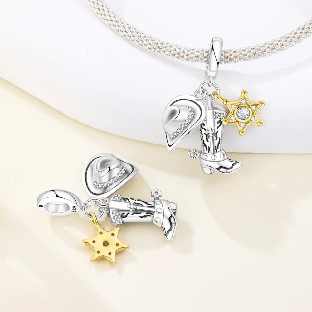 925 Sterling Silver Western Cowboy Boots Charm Bead | Hobby Series Pendant for Bracelet DIY Jewelry Gift