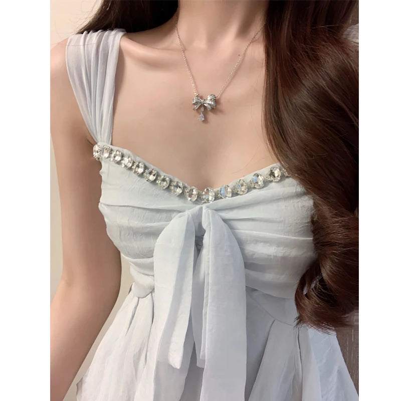 Pure Desire Knot Strap Diamond Vest – Women’s Summer Outdoor Waist Cinching Sleeveless Top Blue