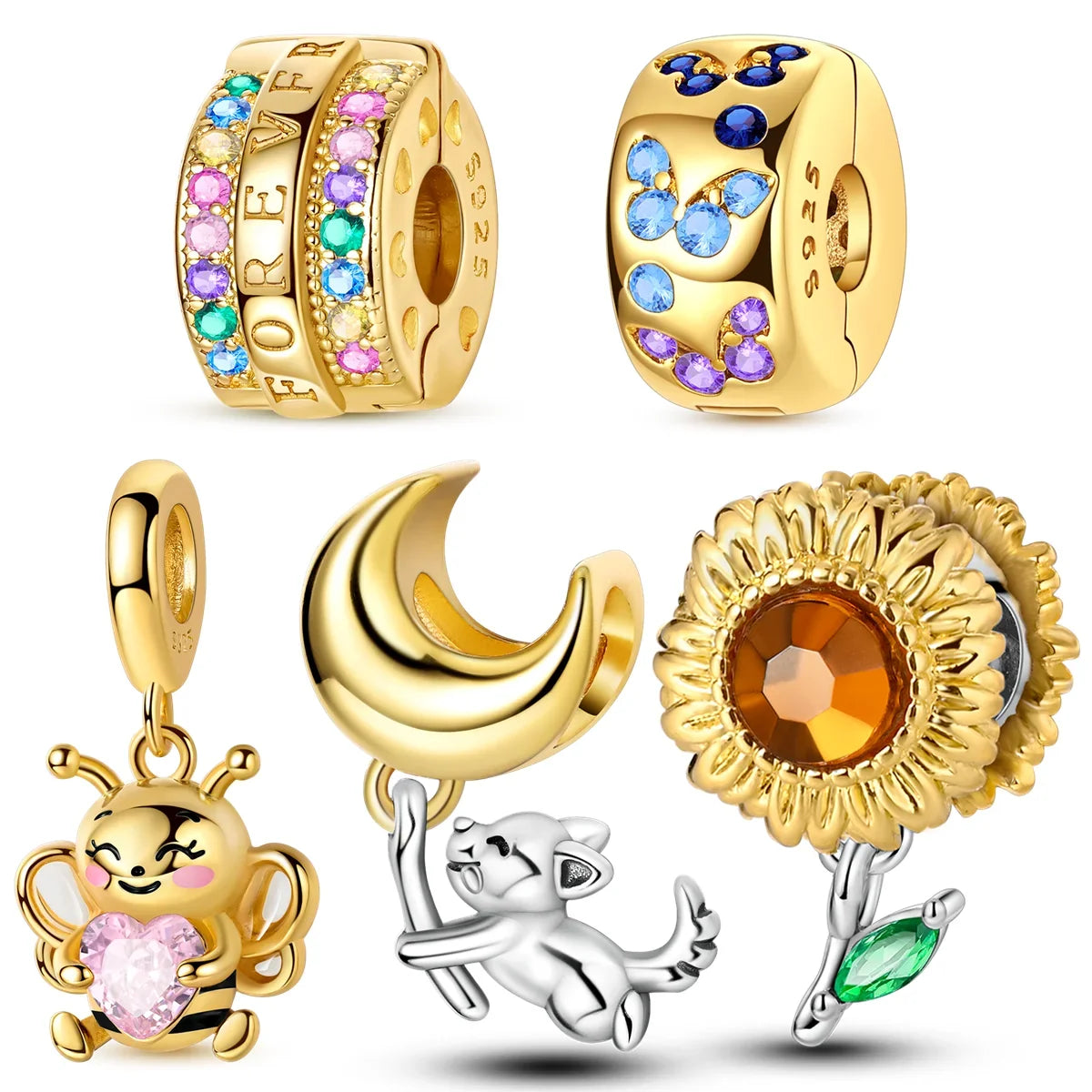 Gold Series Sun & Leopard Charm Beads – Original 925 Sterling Silver Inlaid Zircon DIY Pendants for Bracelet Jewelry Gifts