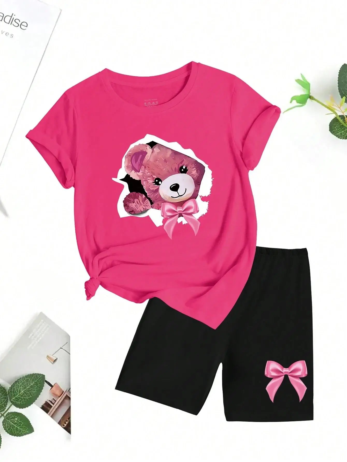 Women’s Pink Bow Teddy Bear T-Shirt & Shorts Set – Cotton 2-Piece Summer Outfit 🧸🌸