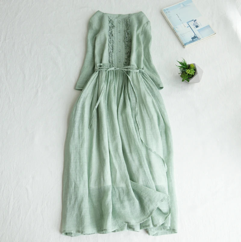 Japanese Style Women’s Long Sleeve Cotton Linen Dress | Wooden Ear Design Loose A-Line Skirt with Waist Belt