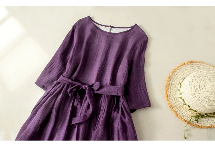 Women’s Summer Lightweight Cotton Dress – Long Sleeve Loose Waist A-Line Retro Dress with Belted Splice