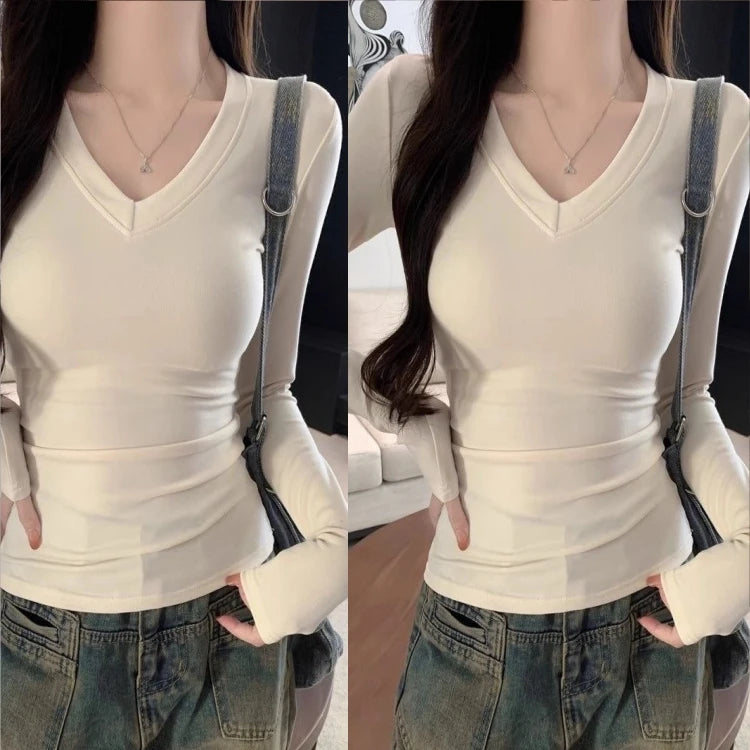 Women's Fleece-Lined Long Sleeve T-Shirt ❄️ Sweet Slim Fit U-Neck Top 👚 Autumn Winter Warm Fashion