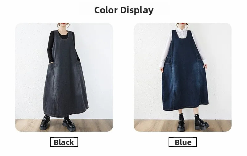 Loose Korean Style Plus Size Denim Vest Skirt – High Waist Over-Knee Slimming Cotton Jeans Corset Casual Dress for Women
