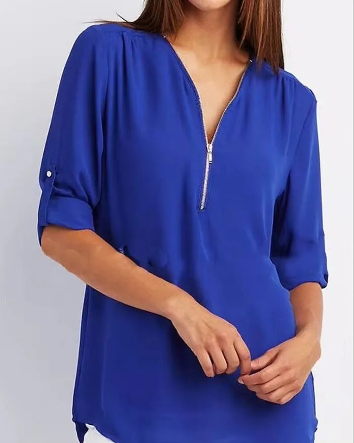 2025 Women’s Chiffon Blouse | Sexy Deep V-Neck Zipper Pullover Loose Fashion Top Plus Size