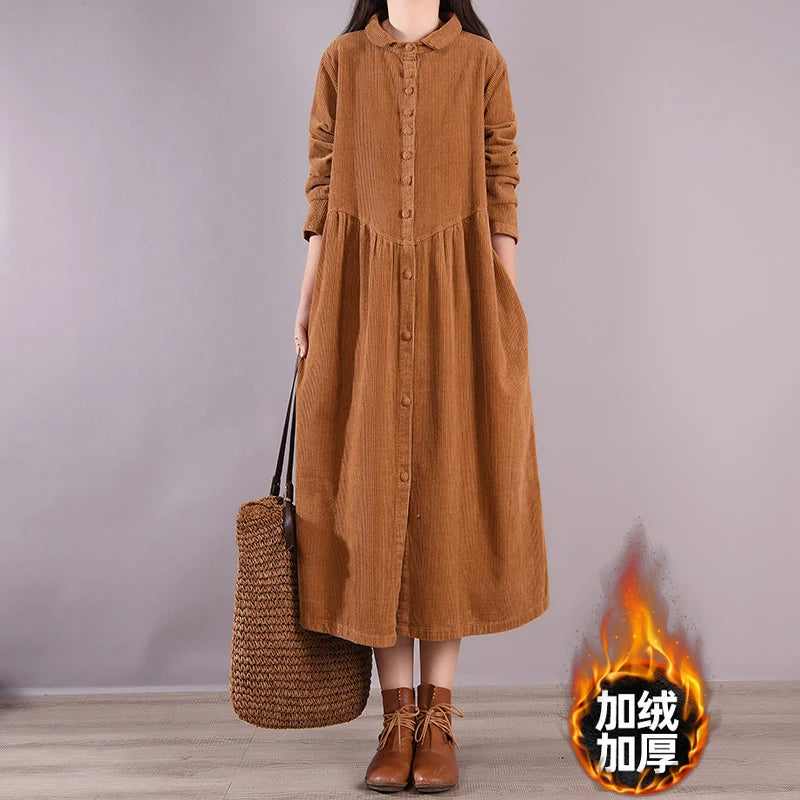 Retro Japanese Style Long Sleeve Corduroy Dress – Thick Fleece-Lined A-Line Winter Dress for Women | Solid Color