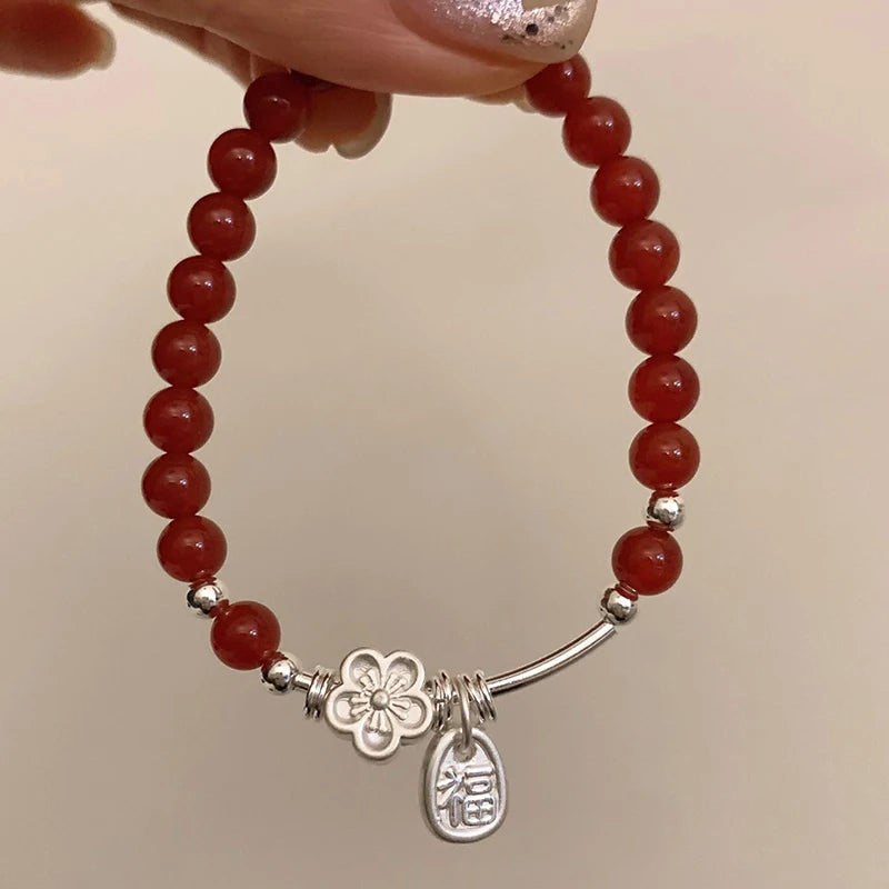 VENTFILLE 925 Sterling Silver Red Agate Bracelet | Flower Pendant Lucky Bead | Original Jewelry Gift for Women