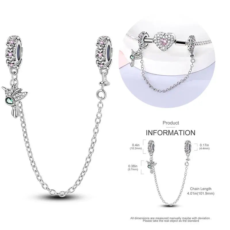 925 Sterling Silver Flying Bird & Butterfly Safety Chain Charm Beads for Original 3mm Bracelet – DIY Jewelry Gift