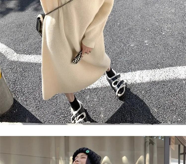 Autumn Winter Knitted Zipper Collar Dress for Women – Long Sleeve Loose Fit Pure Color H-Shape Casual Warm Dress