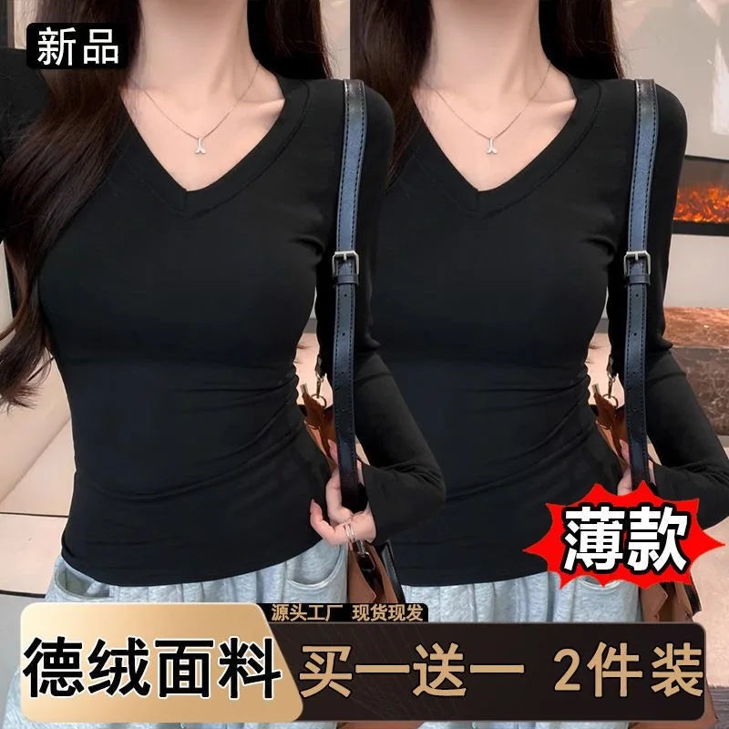 Women's Fleece-Lined Long Sleeve T-Shirt ❄️ Sweet Slim Fit U-Neck Top 👚 Autumn Winter Warm Fashion