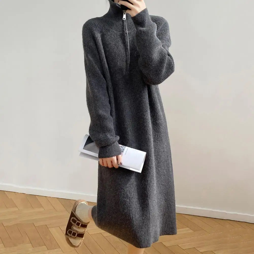 Winter Sweater Midi Dress – Zipper Turn-Down Collar, Long Sleeve Loose Knitted Dress with Striped Texture | Pure Color Warm Dress