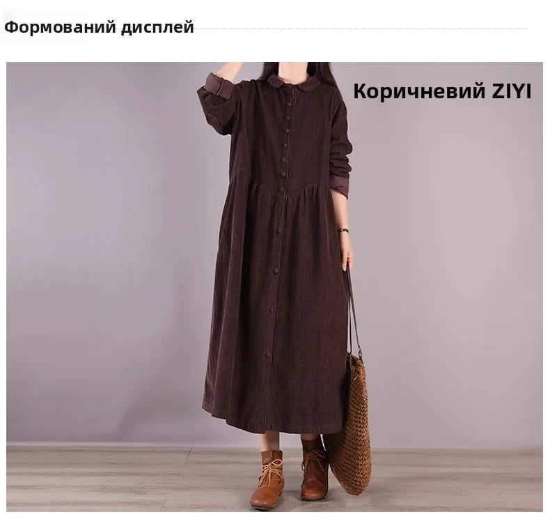Retro Japanese Style Long Sleeve Corduroy Dress – Thick Fleece-Lined A-Line Winter Dress for Women | Solid Color