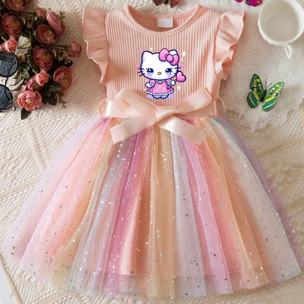 Hello Kitty Flying Sleeves Bow Sequin Princess Dress for Girls | Birthday Party Tutu Dress | Fluffy Baby Girl Dress 1–5 Years
