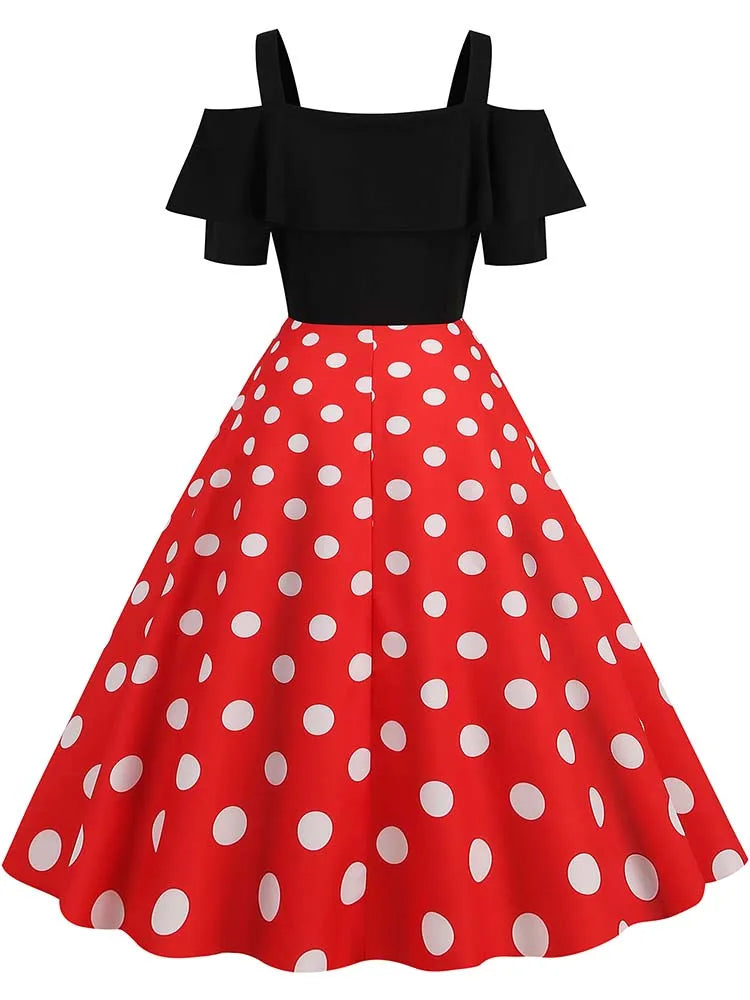 Off-Shoulder Elegant Vintage Party Dress – Women’s Summer Polka Dot Ruffles A-Line Midi Dress