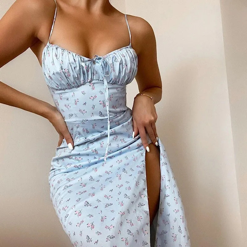 Women’s Bandage Pleated Floral Dress – Summer Elegant Party Sleeveless Backless Spaghetti Strap Aesthetic Dress