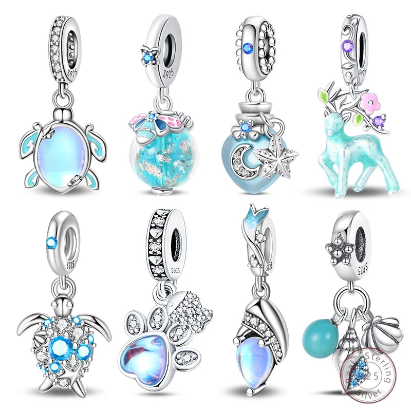 925 Sterling Silver Blue Zircon Ocean Shell Beaded Pendant | Fit Original 3mm Bracelet Women’s Fine Jewelry