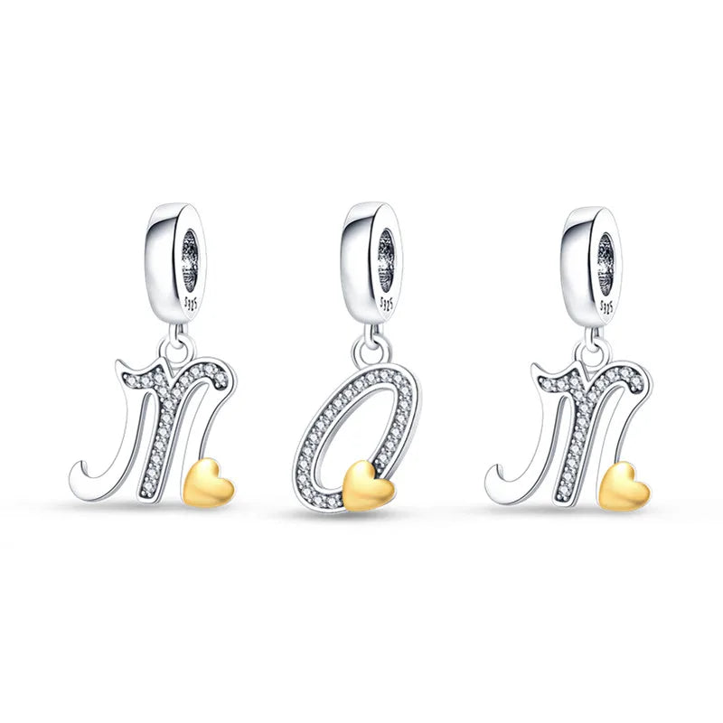925 Sterling Silver A–Z Alphabet Letter Charms | Gold Heart Beads Fit Original Pan Bracelet | DIY Jewelry Accessories