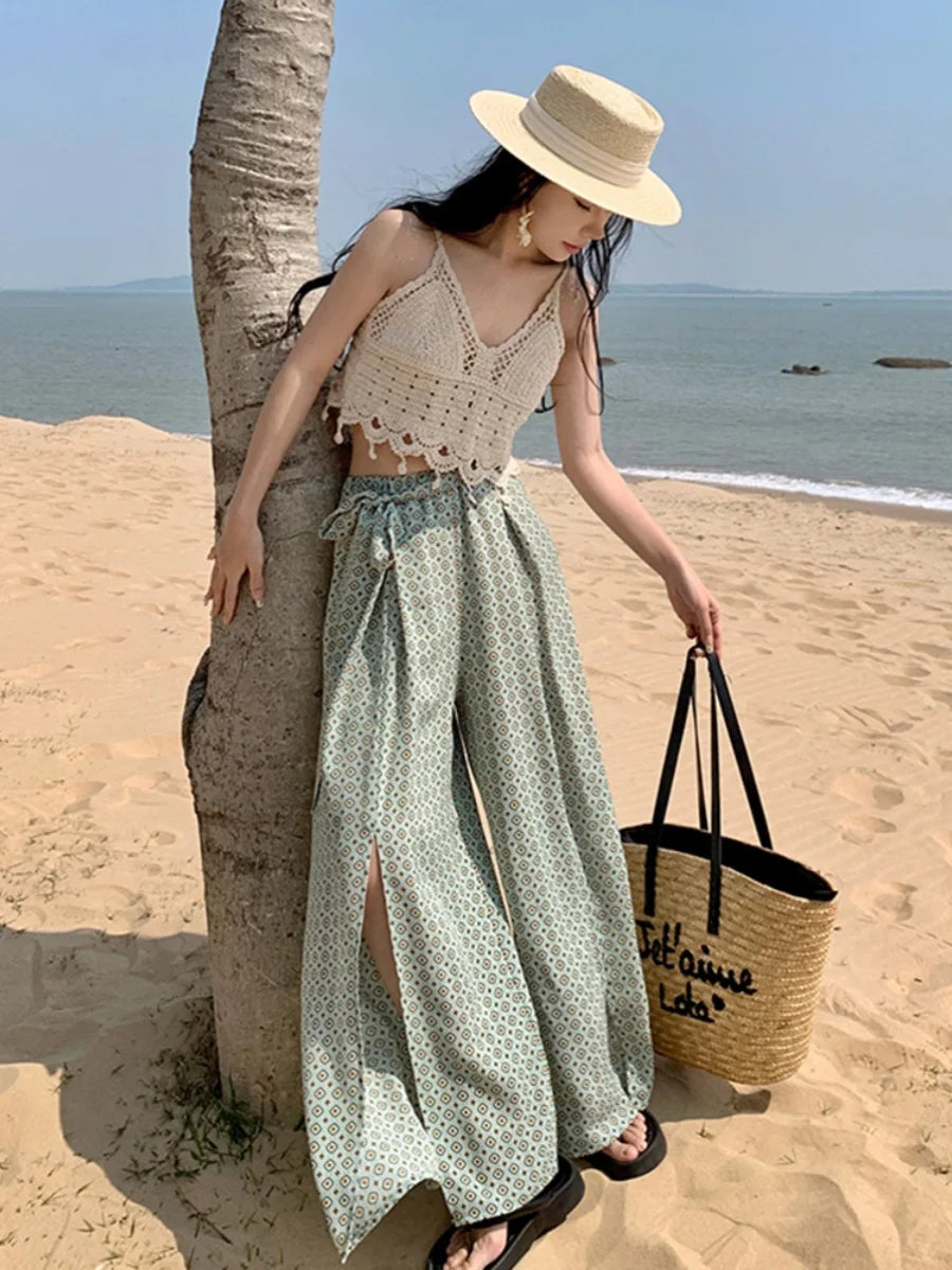 Vacation Style High Waist Wide Leg Pants – Thin Long Ethnic Print Pants for Beach & Holiday Wear