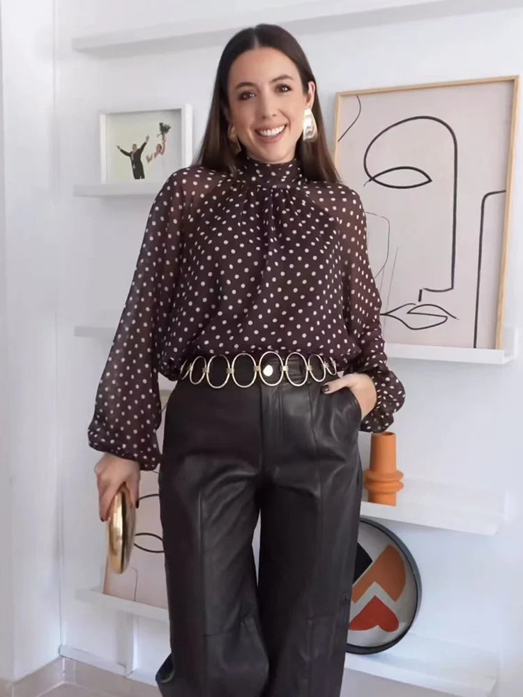 Women’s Vintage Polka Dot Blouse – Bow Detail Long Sleeve Casual Elegant Top 👚✨