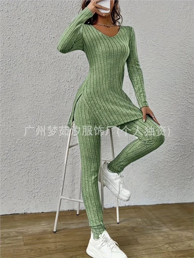 Women’s Knitted 2-Piece Set 🌸 V-Neck Pullover & Trousers Spring/Autumn ✨