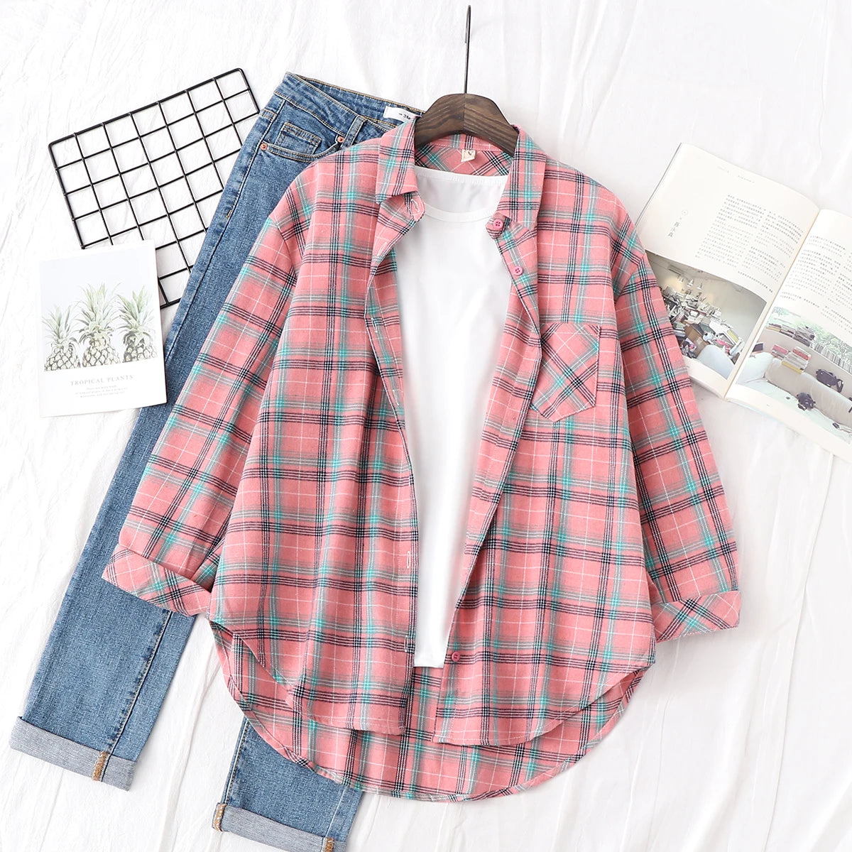 Women’s Plaid Shirt | Spring Autumn Long Sleeve Blouse | Casual Cotton Checkered Top
