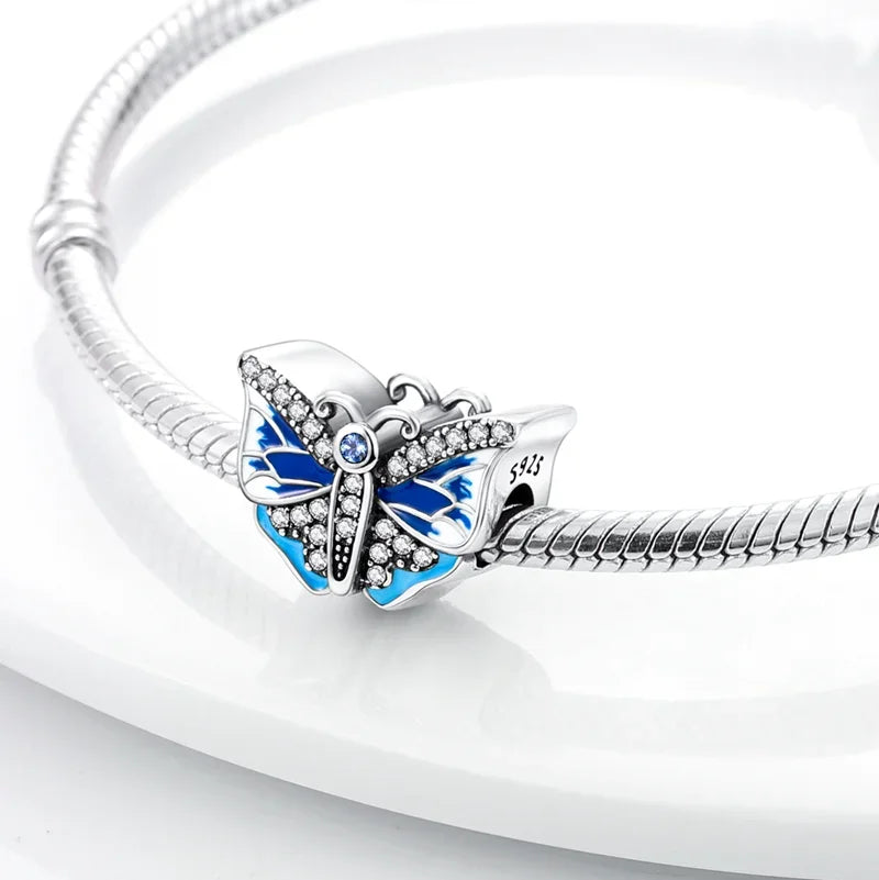 925 Sterling Silver Blue Series Charm | Dragonfly, Butterfly, Bird & Pansy Flower Pendant for 4MM Bracelet
