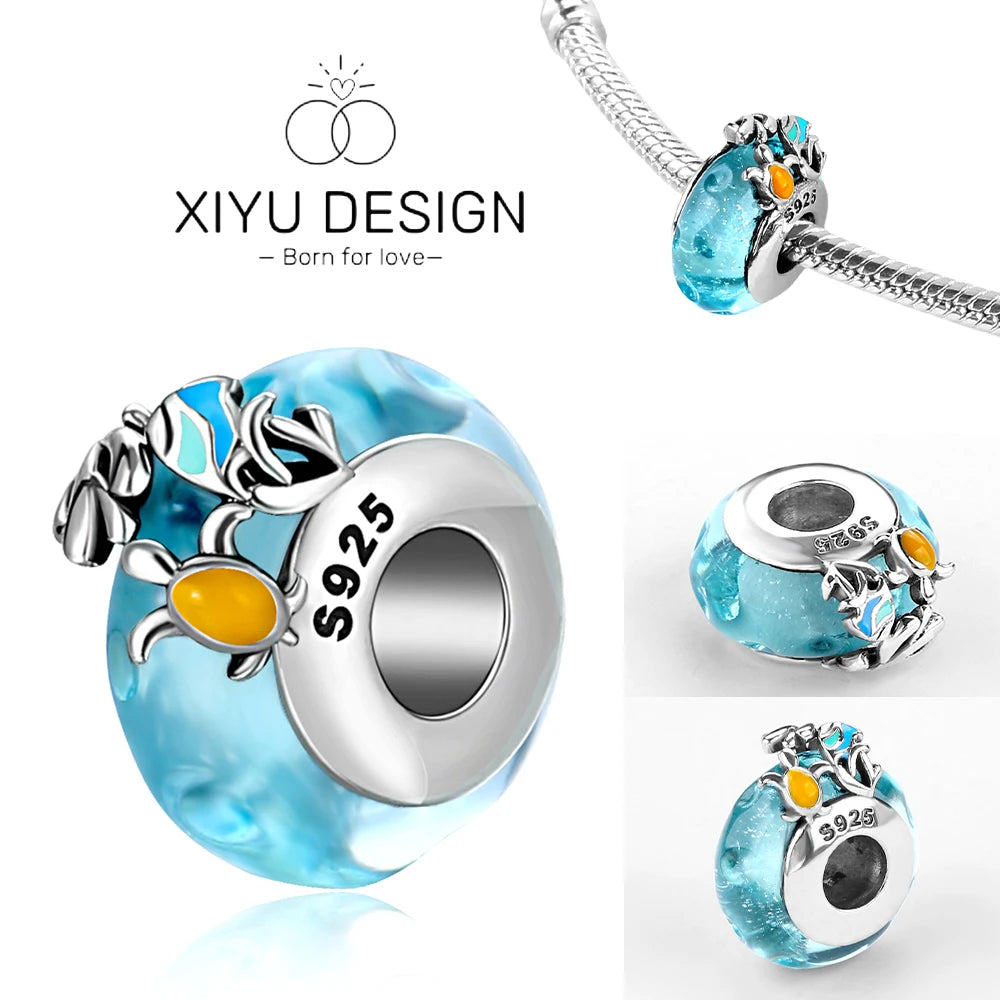 2025 Classic 925 Sterling Silver Colored Flower & Leaf Murano Glass Charm Beads | DIY Bracelet