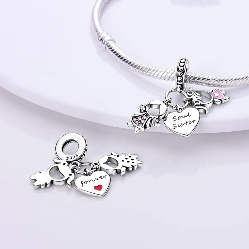 925 Sterling Silver Sweetheart Sister Charm | Fit Original Pandora & 3mm Bracelets DIY Jewelry Gift for Women