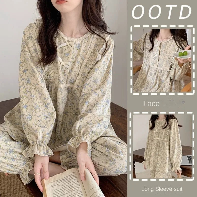 Women’s Plus Size Pajamas – Garden Style Student Homewear Two-Piece Set | Korean Version Bow Detail, Long Sleeve, Can Be Worn Outside