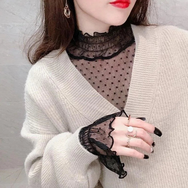 Women’s Lace Base Mesh Top – Autumn Winter Fairy Bell Sleeve Polka Dot Inner Shirt ✨❄️