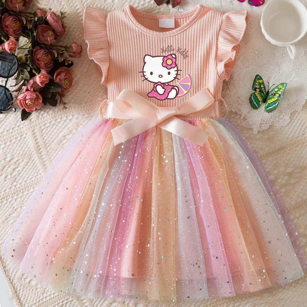 ✨ Hello Kitty Girls Sequins Dress 🎀 Rainbow Tulle Princess Dress 🌈 Toddler Birthday Party Outfit 👧 Ages 1–5 Years