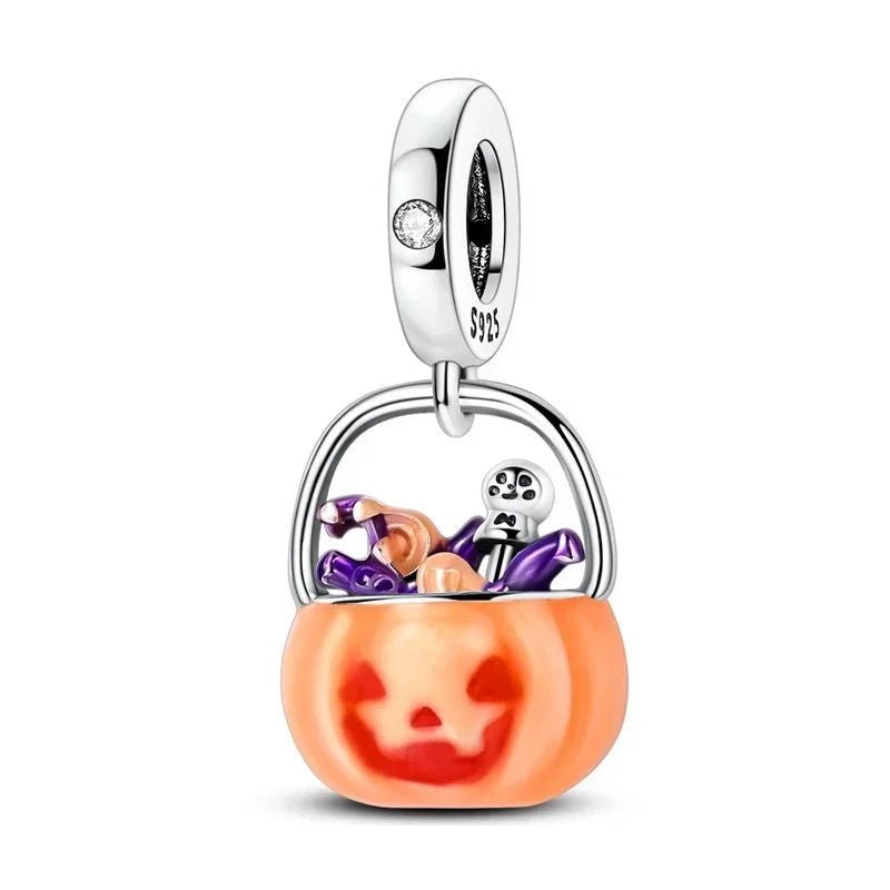 925 Sterling Silver Halloween Charms | Skull, Pumpkin, Bat, Ghost & Coffin Luminous Beads Fit Pandora Bracelet DIY Jewelry Gift