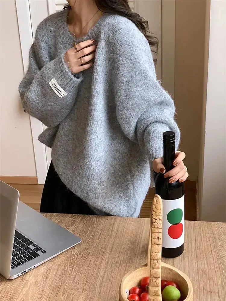 Loose Women’s Blue Sweater | Korean Casual Knitwear | Spring Autumn Round Neck Pullover